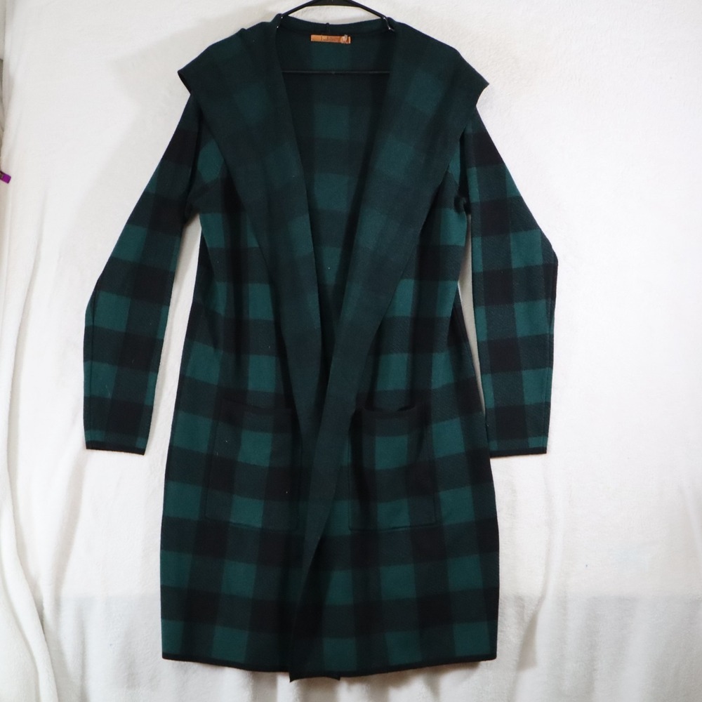 Belldini Women's Size L Hooded Plaid Coatigan – Green/Black Open‑Front Cardigan